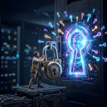 Technician Securing Server Room with Heavy Padlock and Futuristic Keyhole Hologram