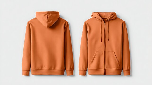 Front and back view of an orange zipper hoodie isolated on white background. Perfect for apparel design mockup and e-commerce product showcasing.