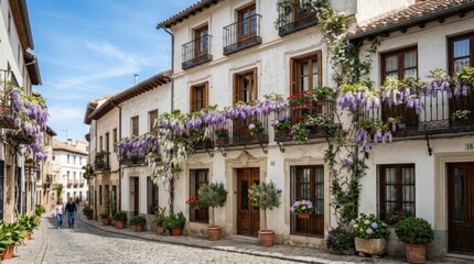 Fototapeta premium A charming cobblestone street winds past historic buildings adorned with vibrant wisteria blooms, showcasing picturesque European real estate in a quaint, sunny Spanish mountain village