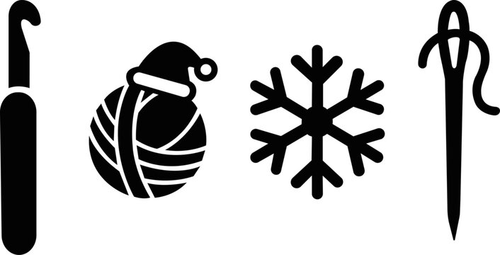 Black and white set featuring a crochet hook, a yarn ball wearing a santa hat, a snowflake, and a sewing needle with thread