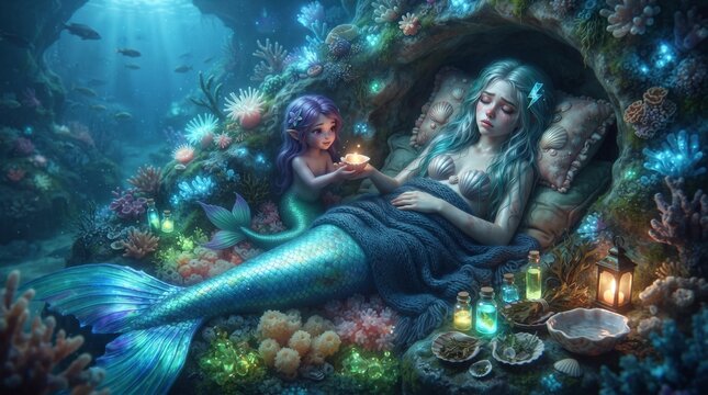 A little mermaid caring for a sleeping mermaid in an enchanted underwater grotto