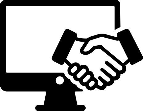 Black and white of a computer monitor screen with a handshake symbol, representing digital agreement and online partnership