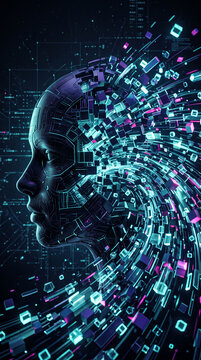 Profile of a futuristic cyborg head with data streams exploding outwards, symbolizing artificial intelligence, digital transformation, and the future of technology