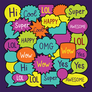 Colorful collection of speech bubbles with positive words and expressions