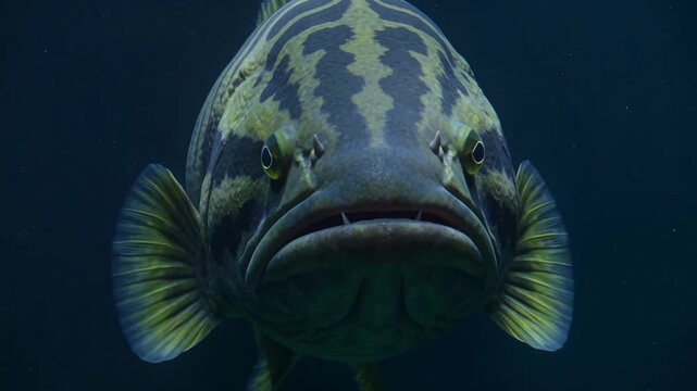 Striped Freshwater Fish Swimming Directly Towards Camera Underwater
