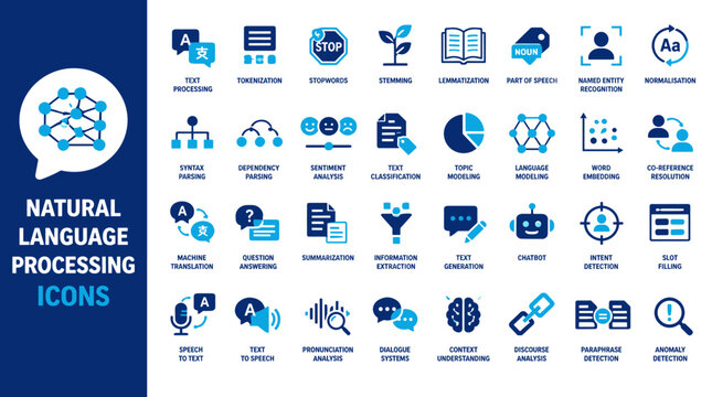 Natural language processing icons set for ai concepts.