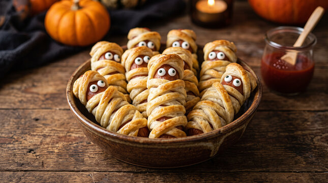 Halloween food, mummy sausages, sausage mummies, Halloween snacks, spooky food, Halloween appetizer, Halloween recipe, Halloween party food, mummy hot dogs, sausage rolls, puff pastry, baked sausages,