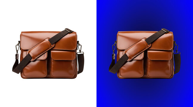 Brown leather messenger bag with adjustable shoulder strap and two front pockets isolated on a white background, for retail display