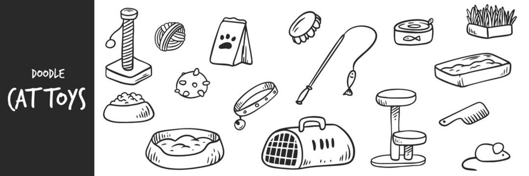 Doodle cat toys and pet accessories collection in black and white line art. Vector illustration with text banner