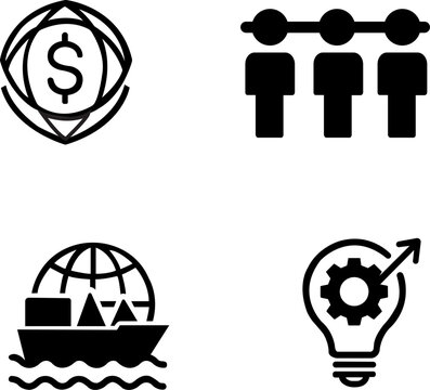 Set of four black featuring a dollar sign in a circle, three human figures, a cargo ship with a globe, and a lightbulb with a gear