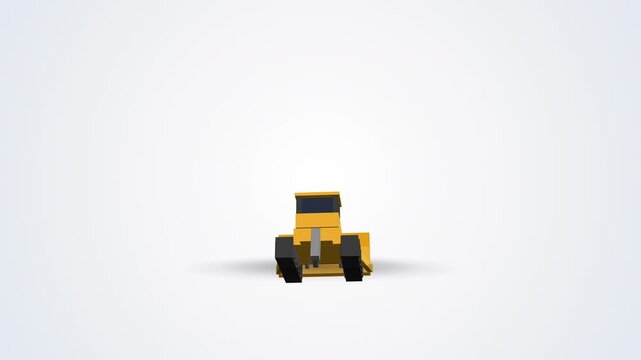 A 10-second seamless 360-degree rotation of a 3D heavy bulldozer on a pristine white background. Rendered in 4K resolution using purely DOM-based 3D geometry and dynamic JavaScript shading.