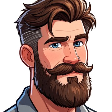 Handsome bearded man with stylish moustache, brown hair. Young masculine hipster character portrait in cartoon style. Confident gentleman with blue eyes, facial hair. Modern male avatar icon for