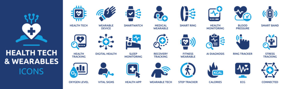 Health Tech and Wearables Icon Set, Smartwatch, Medical Wearable, Health Tracking, Digital Health, Sleep Monitoring, Fitness, Smart Ring, ECG and AI Diagnosis Solid Vector Icons Collection