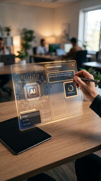 Futuristic holographic interface displays AI image generation prompt and process, representing technological advancement and creative potential