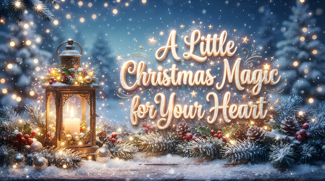 A beautiful christmas scene featuring a glowing vintage lantern surrounded by snowy pine trees and sparkling fairy lights with festive holiday text in the center