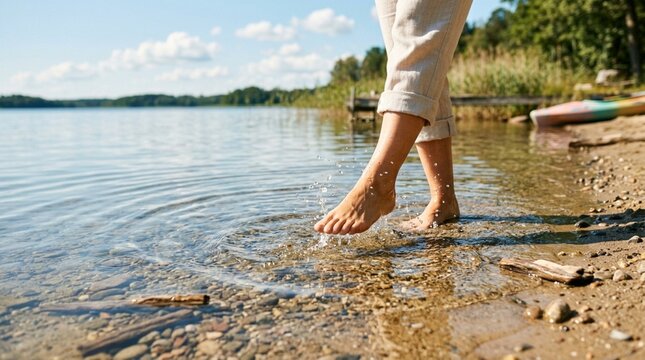 Woman splashing water with bare feet at the edge of a serene lake shore
