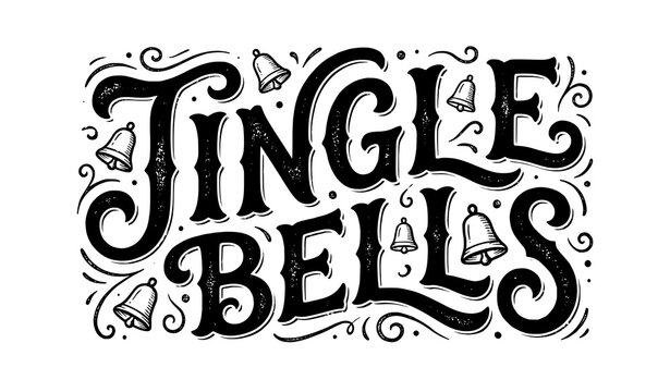 Jingle bells hand lettered typography design with decorative bells for christmas holiday greeting cards and festive posters