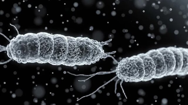 Realistic high-magnification footage of bacteria cells swimming in a dark field, ideal for medical, scientific, and educational presentations or marketing content.