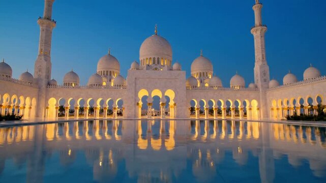Sheikh zayed grand mosque in abu dhabi at sunset with uae flag waving, islamic architecture and reflecting pool at twilight