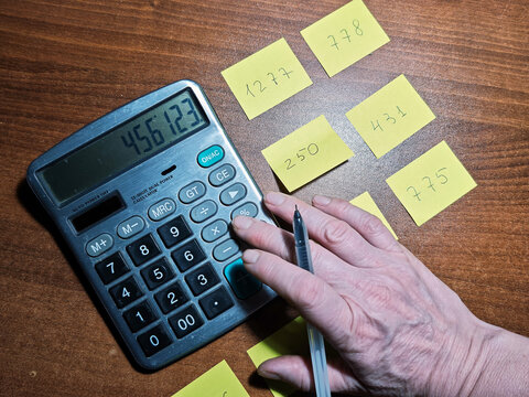Manual financial calculations with calculator and notes, personal finance and accounting problems concept