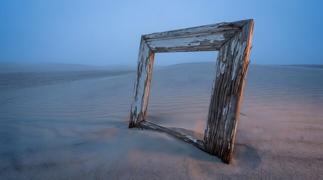 Weathered empty wooden picture frame buried in a foggy desert sand dune symbolizing the inevitable fading of cherished memories and forgotten historical past