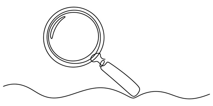 A single continuous line drawing of a magnifying glass tool used for searching and discovery in a simple minimalist style for creative business design work Vector, illustration
