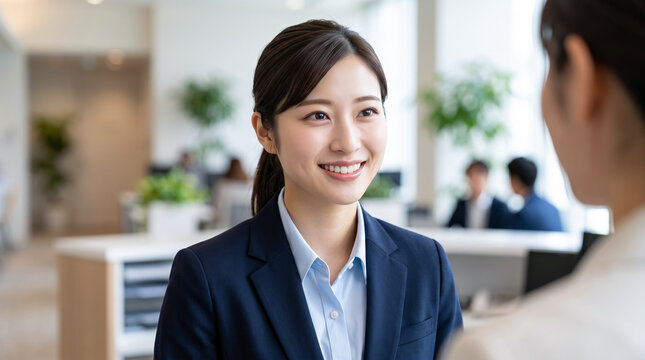 中小企業の受付で笑顔で来客対応をする女性社員