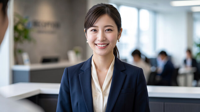 中小企業の受付で来客を笑顔で迎える女性社員