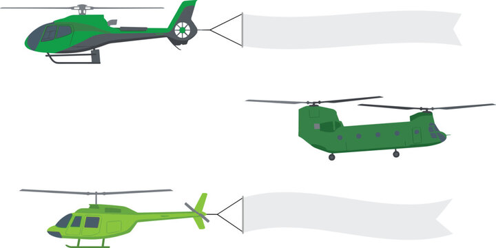 Green Helicopters and Military Chinook Choppers Flying with Blank White Advertising Ribbon Streamers for Message and Promotional Text Copy Space Vector Icon Set