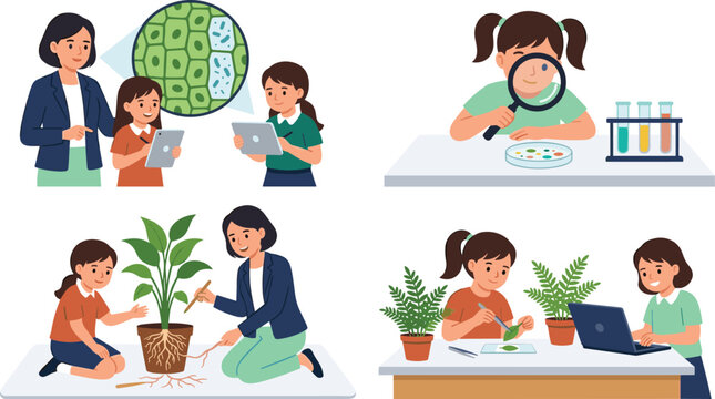 Elementary School Girls and Science Teacher in Biology Classroom Learning Botany, Plant Stomata Cells, Using Microscope, Magnifying Glass, and Tablets Vector Character Set