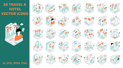 Obraz premium Travel and hotel concept isometric style illustrations available for instant download. Editable stroke vectors.