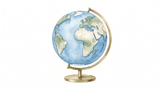 Watercolor globe illustration of the Earth on a vintage brass stand isolated on white.