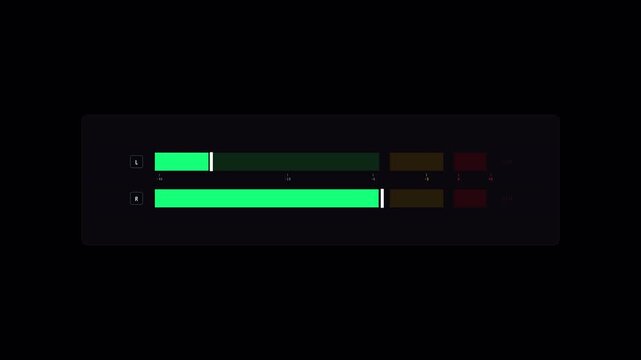 Minimalist digital audio stereo level meter with rhythmic fluctuating green bars on alpha chanel 4K animation