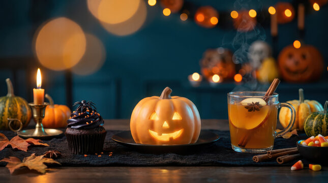 Spooky Halloween still life with carved pumpkin, colorful gourds, autumn leaves and elegant drink on a dark tabletop, enhanced by glowing string lights and warm evening bokeh atmosphere
