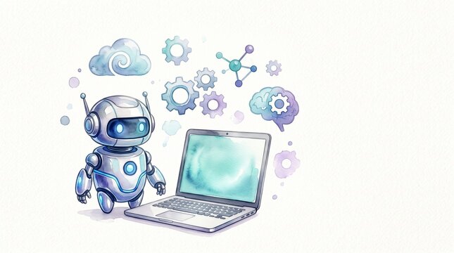 Watercolor illustration of a cute robot with a laptop and digital technology icons.