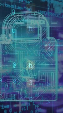 Animation of data processing online security padlock and circuit board