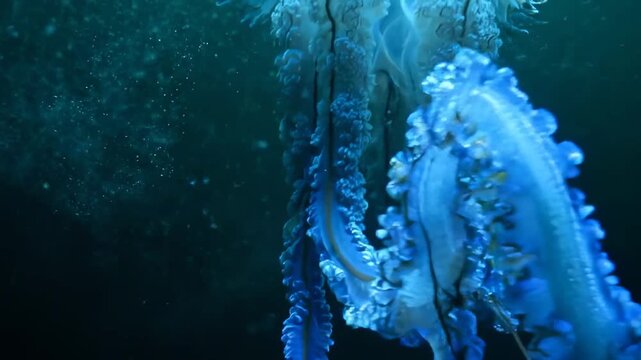 Ethereal underwater footage of a glowing jellyfish swimming gracefully in deep blue ocean waters perfect for marine life documentaries and nature presentations.