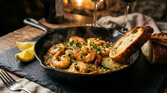 Garlic butter shrimp scampi in a cast iron skillet with crusty bread and lemon