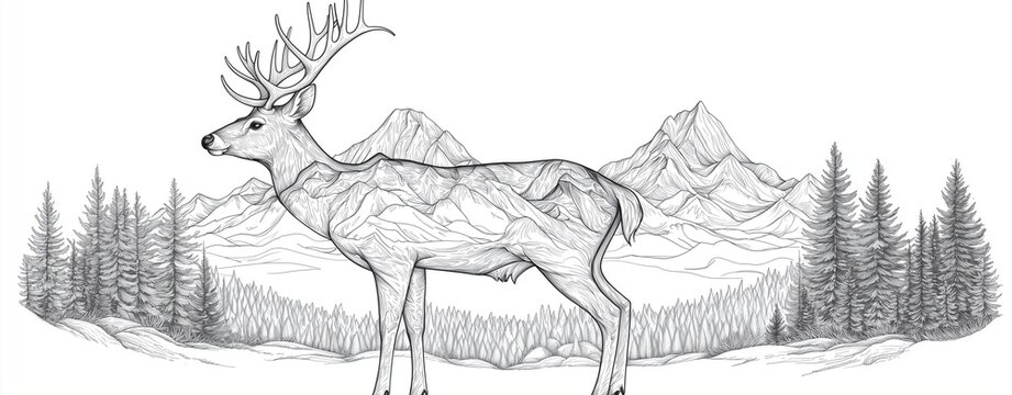 doodle line bold line for coloring practice, double exposure effect of a graceful deer merged with a mountain landscape and pine forest, seamlessly blended silhouettes transformed into intricate 