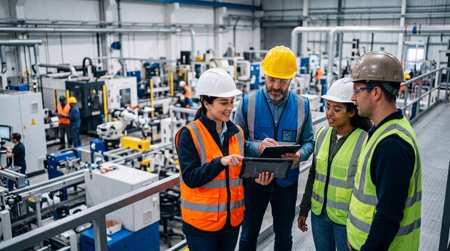 Factory engineers and supervisors in hard hats and safety vests discussing production data on a tablet and clipboard beside automated machinery in a modern industrial plant for advertising and editori