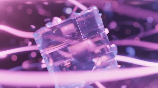 A sleek transparent cube floats in a cosmic particle backdrop with vibrant lighting ideal for futuristic tech presentations and digital marketing projects.