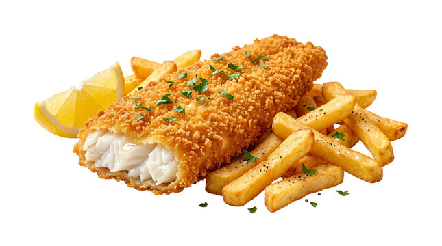 Crispy golden fish and chips, fried breaded cod fillet with french fries and lemon, delicious seafood meal on white background