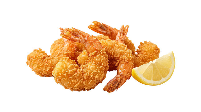 Crispy fried shrimp with golden breading and lemon, crunchy panko prawns appetizer, deep fried seafood snack on white background