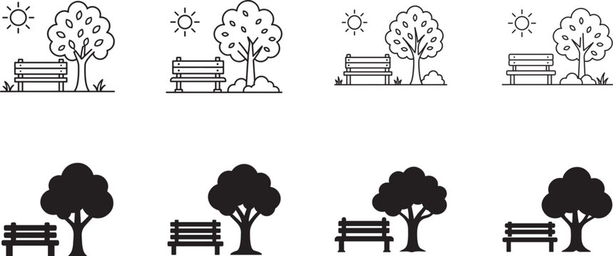 Black and white park icon set with trees, benches, gardens and public open space symbols.