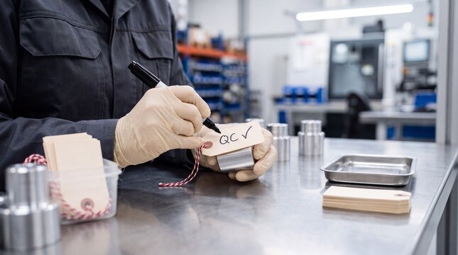Gloved worker marking QC on a metal part with a black marker at a stainless steel workbench in an industrial workshop, showing quality control inspection and precise manufacturing process