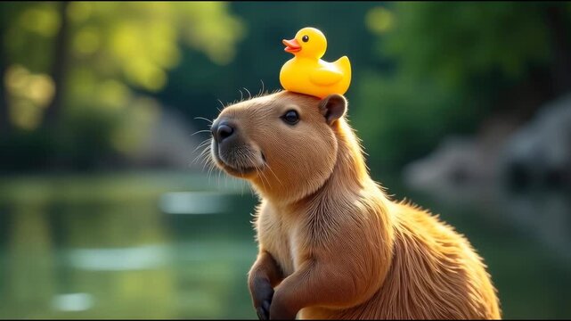 A capybara with a rubber duck on its head, a playful and whimsical scene