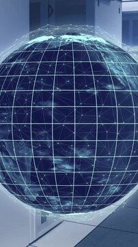 Animating digital globe over servers in data center with blue lights