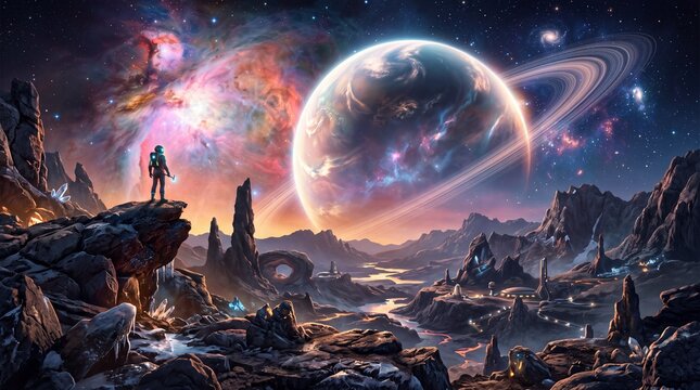 Astronaut standing on rocky alien landscape beneath a giant ringed planet and colorful nebula in a dramatic fantasy space scene, evoking exploration, wonder, and futuristic science fiction