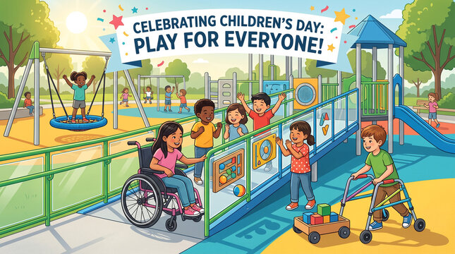 Children playing an inclusive wheelchair-friendly outdoor game in a modern playground, diverse abilities, friendship, ramps and accessible play equipment, positive, Children's Day