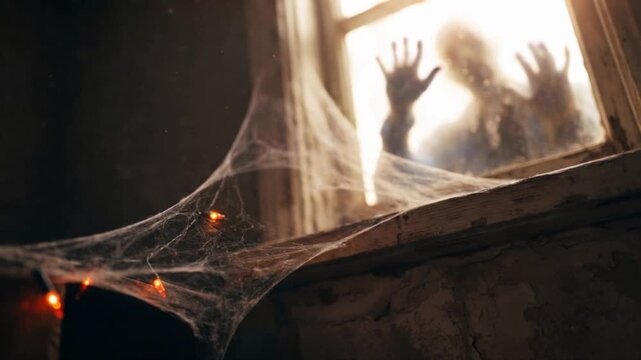 Low angle of a zombie silhouette banging on a window behind cobwebs and orange lights